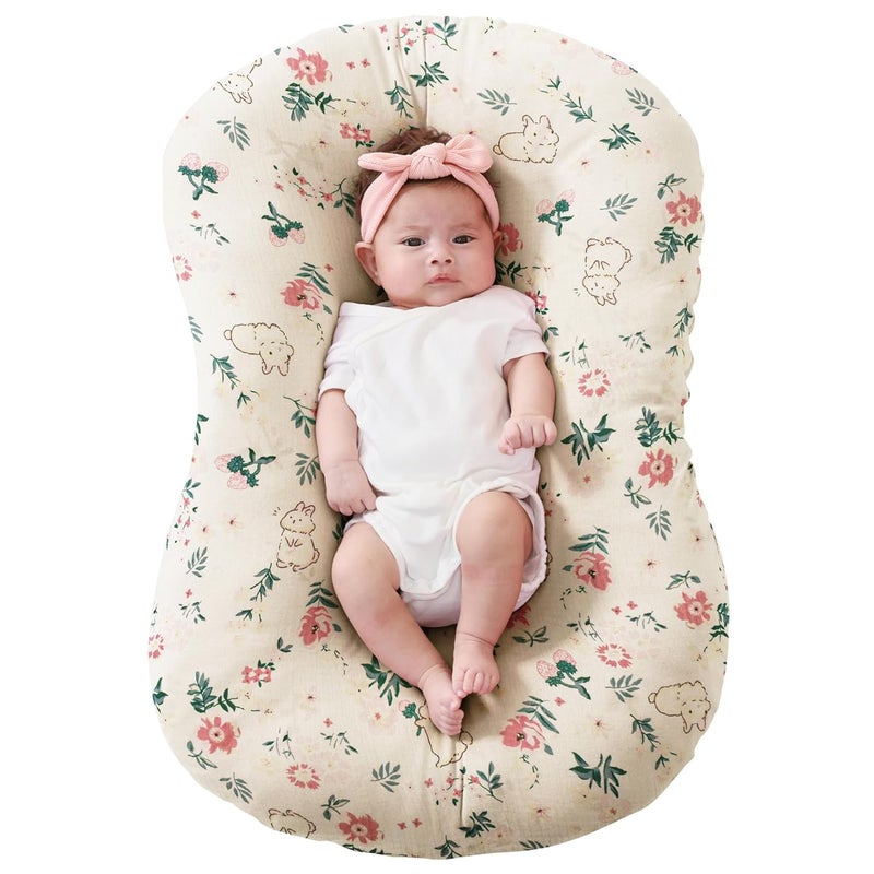 FUNUPUP Muslin Baby Lounger Cover Compatible with Snuggle Me Lounger, Infant Lounger Pillow Cover for Newborn, Removable Newborn Lounger Cover for Boys and Girls, Only Cover, Pink Flower - Image 1